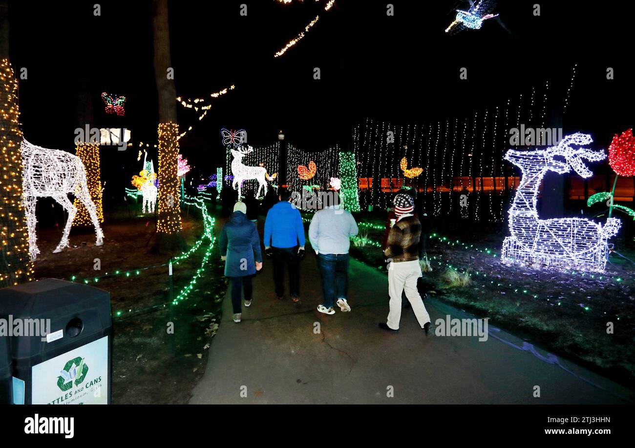 Les gens apprécient l'exposition lumineuse de Noël Wild Lights du zoo de Détroit, marchant entre des personnages lumineux d'animaux Banque D'Images