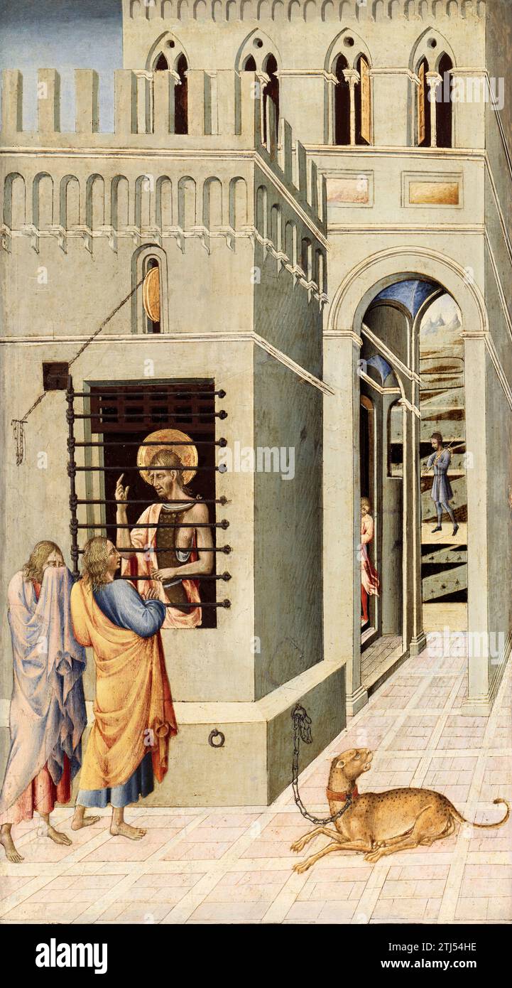 Saint Jean-Baptiste en prison visité par deux disciples. Giovanni di Paolo. 1455/60 Banque D'Images Saint Jean-Baptiste en prison visité par deux disciples. Giovanni di Paolo. 1455/60 Banque D'Images