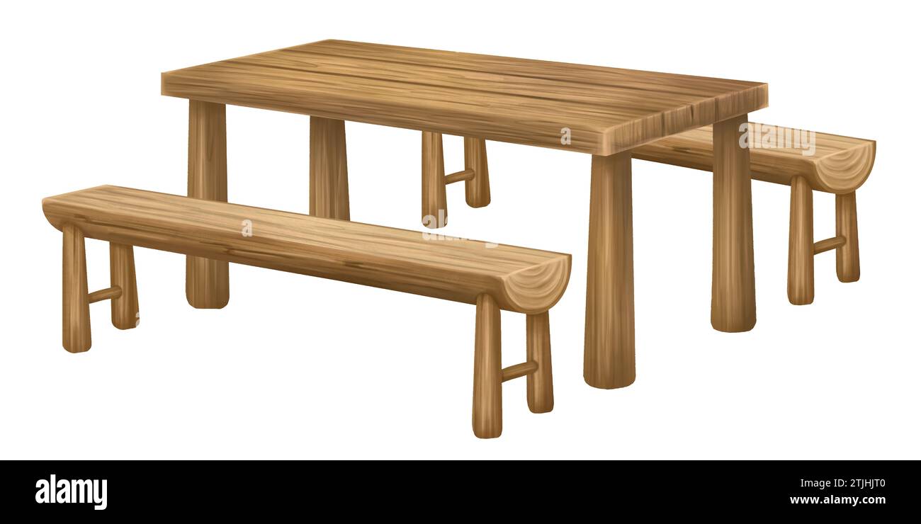 Une table de pique-nique en bois avec des bancs pour les loisirs en plein air. Mobilier pour le jardin, parc, randonnée, camping. Dîners en plein air et barbecues. Famille Holi Banque D'Images