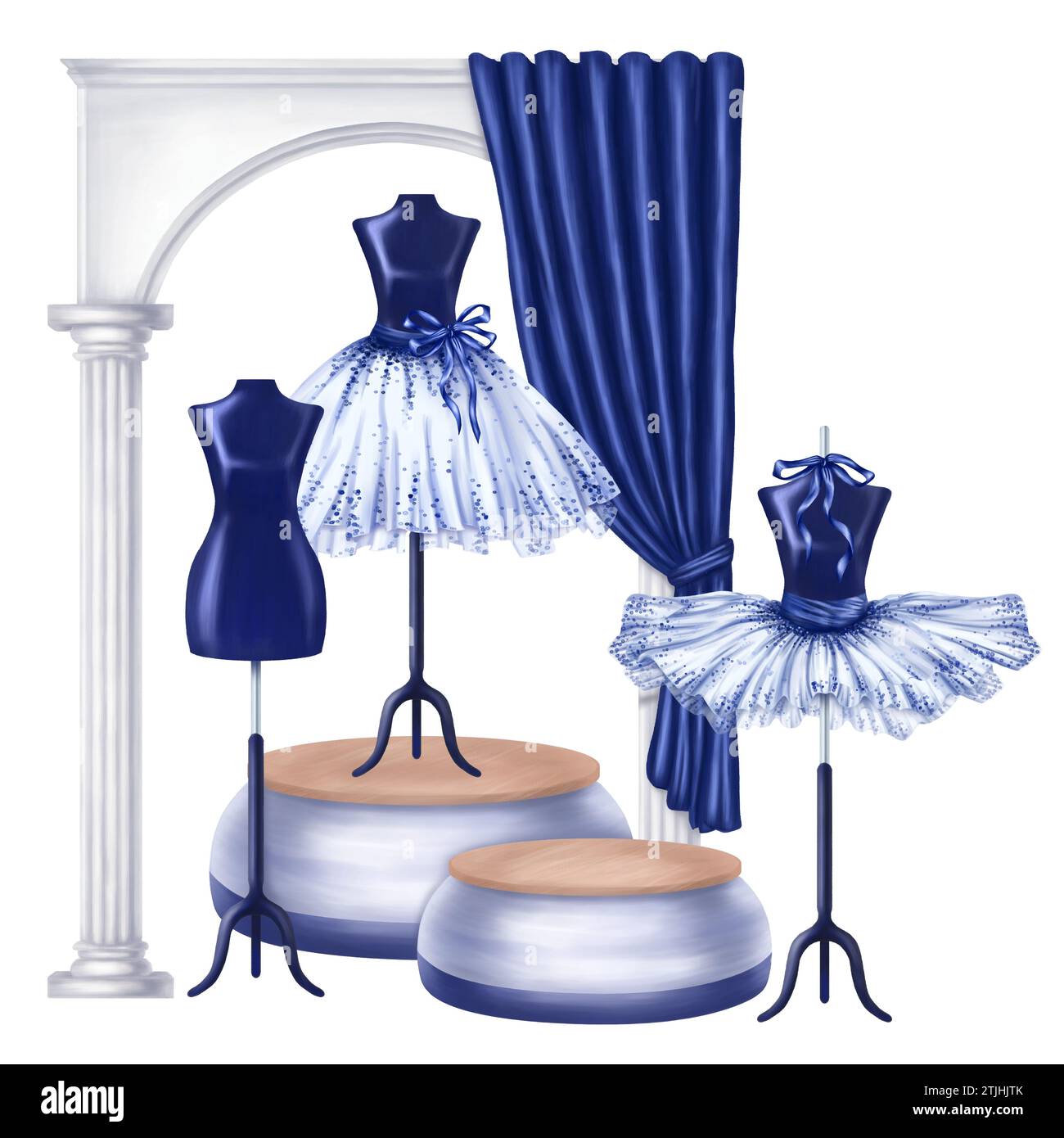 Tutus de danse de ballet bleu, costumes de scène. Une jupe portée sur un mannequin. Un backstage théâtral, une vitrine, un atelier, une tenue pour un défilé de mode Banque D'Images