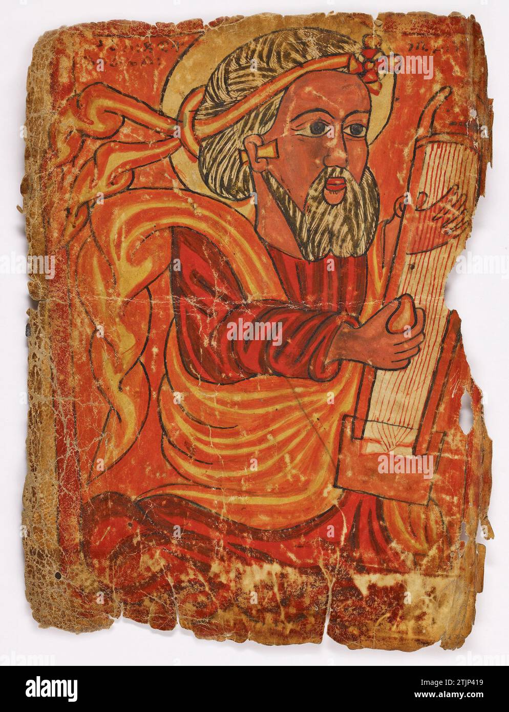 Page de manuscrit orthodoxe éthiopien. Cette image du roi David jouant d'une harpe / luth boîte aurait été liée dans une Bible avec les Psaumes.15th Century version optimisée d'une image d'une œuvre d'art dans la collection du Musée National d'Art Africain, National Museum of African Art, Washington DC, USA. Banque D'Images
