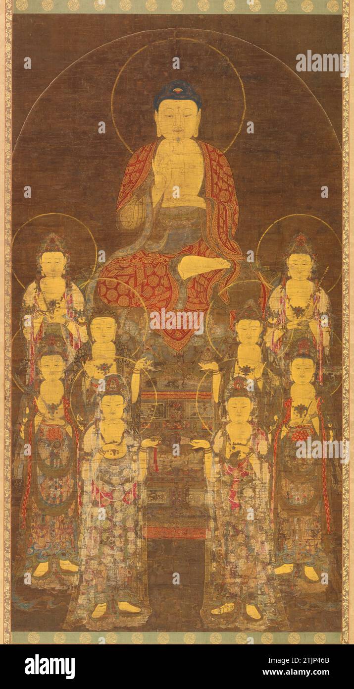 Bouddha Amitabha (Amita) et les huit grands bodhisattvas. Bouddha et huit disciples. Le Bouddha est assis sur un trône de lotus en altitude, dans l'attitude de l'enseignement. Son trône repose sur un autel décoré de motif lotus, et devant cela et à ses côtés se trouvent huit bodhisattvas, les «êtres des Lumières», représentés en beauté et brillamment vêtus. Chacun, comme le Bouddha lui-même, a un nimbus. XVIIIe siècle, fin de la période Goryeo, Corée version optimisée d'une photographie de l'objet dans la collection de la Freer Gallery of Art, Smithsonian institution, Washington, D.C. Banque D'Images Bouddha Amitabha (Amita) et les huit grands bodhisattvas. Bouddha et huit disciples. Le Bouddha est assis sur un trône de lotus en altitude, dans l'attitude de l'enseignement. Son trône repose sur un autel décoré de motif lotus, et devant cela et à ses côtés se trouvent huit bodhisattvas, les «êtres des Lumières», représentés en beauté et brillamment vêtus. Chacun, comme le Bouddha lui-même, a un nimbus. XVIIIe siècle, fin de la période Goryeo, Corée version optimisée d'une photographie de l'objet dans la collection de la Freer Gallery of Art, Smithsonian institution, Washington, D.C. Banque D'Images