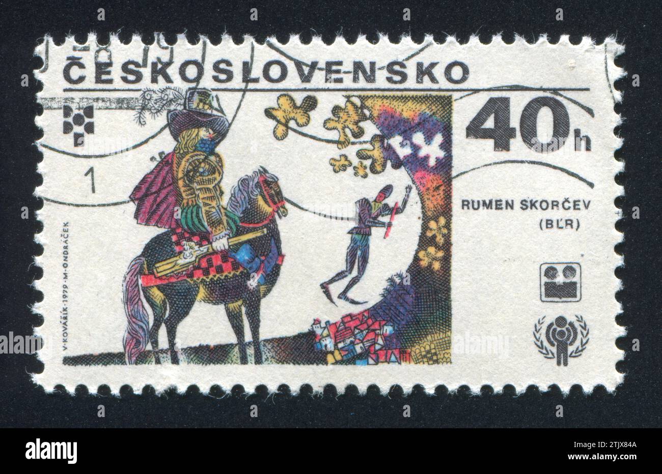 TCHÉCOSLOVAQUIE - CIRCA 1979 : timbre imprimé par la Tchécoslovaquie, montre Chevalier sur la baie de cheval rumen Skorchev, circa 1979 Banque D'Images