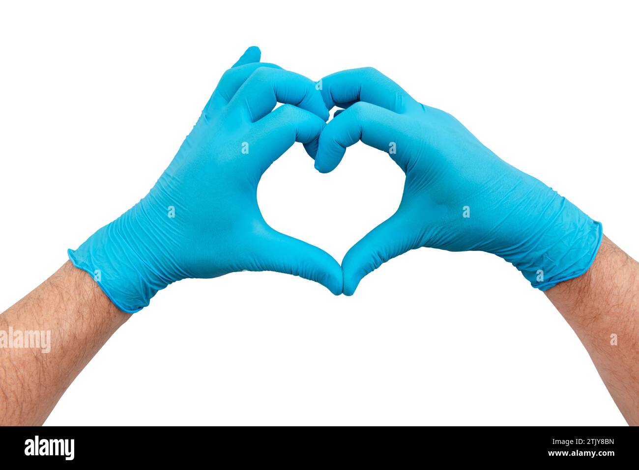Les mains dans des gants en caoutchouc bleu montrent un cœur sur un fond blanc. Gants en caoutchouc isolent Banque D'Images Les mains dans des gants en caoutchouc bleu montrent un cœur sur un fond blanc. Gants en caoutchouc isolent Banque D'Images