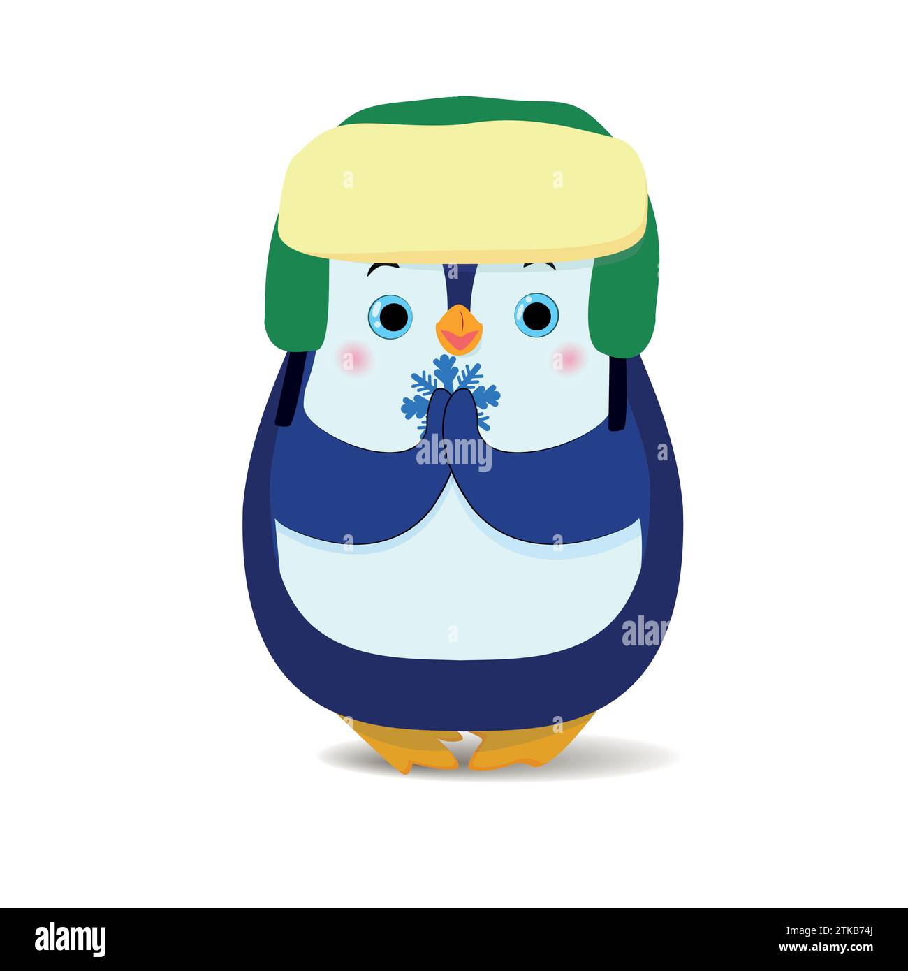 Un bébé pingouin dans un chapeau d'hiver tient un flocon de neige. Illustration vectorielle Illustration de Vecteur