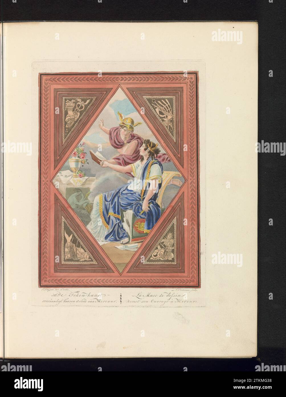 Dessin montre son travail chez Mercurius, Ludwig Gottlieb Portman, d'après Jacques Kuyper, 1829 dessin montre son travail dans un carnet de croquis à Mercure. Spectacle en forme de diamant avec des emblèmes dans les quatre coins des fruits avec les fruits du commerce, de la navigation maritime, de l'agriculture et de la pêche. Plaque-titre d'une édition reliée de la série de vingt-quatre enregistrements de costumes traditionnels hollandais dans le Royaume des pays-Bas au début du XIXe siècle par Maashamp, 1829. Imprimeur : Netherlandspublisher : Amsterdam paper graving dessin montre son travail dans un carnet de croquis à Mercure. Sho en forme de diamant Banque D'Images