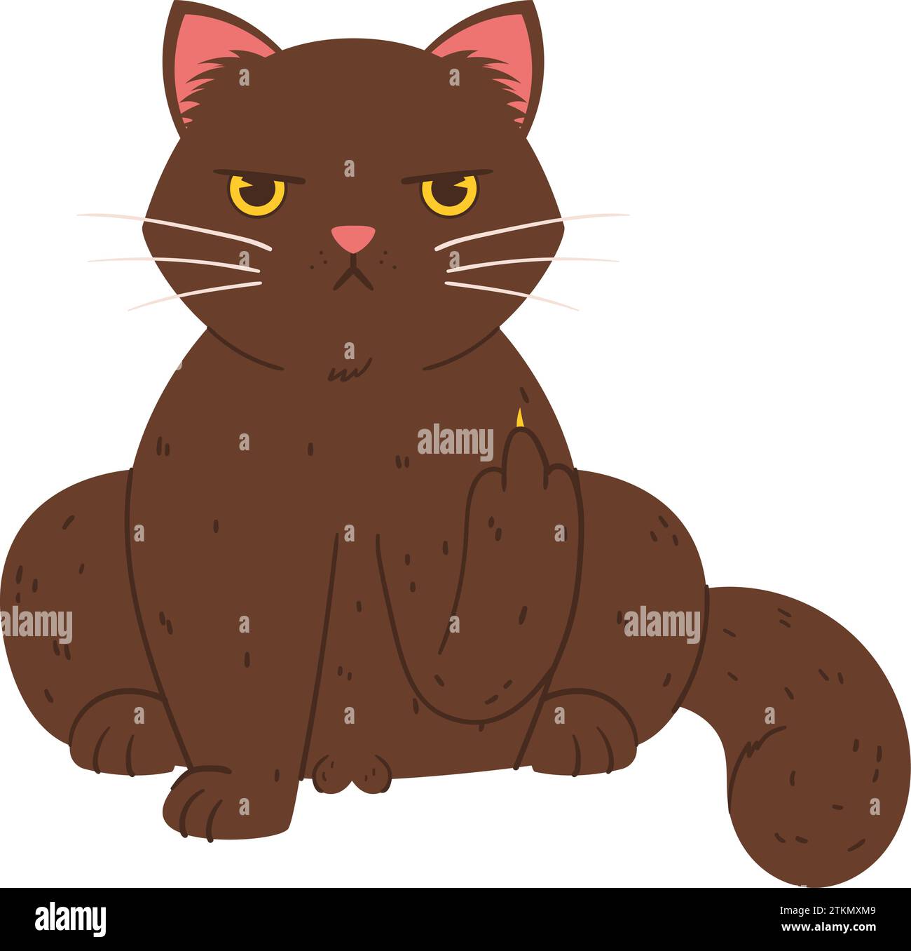 Un chat mécontent s'assoit et montre son majeur. Grumpy Fluffy chat couleur noire. Illustration de Vecteur