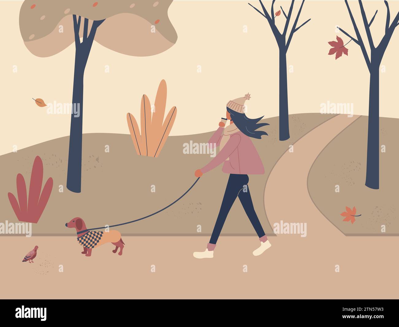 Jolie fille marchant avec le teckel de chien dans des salopettes dans le parc de la ville d'automne ou la forêt et prenant le café. Paysage extérieur apaisant d'automne : arbres, feuilles Illustration de Vecteur