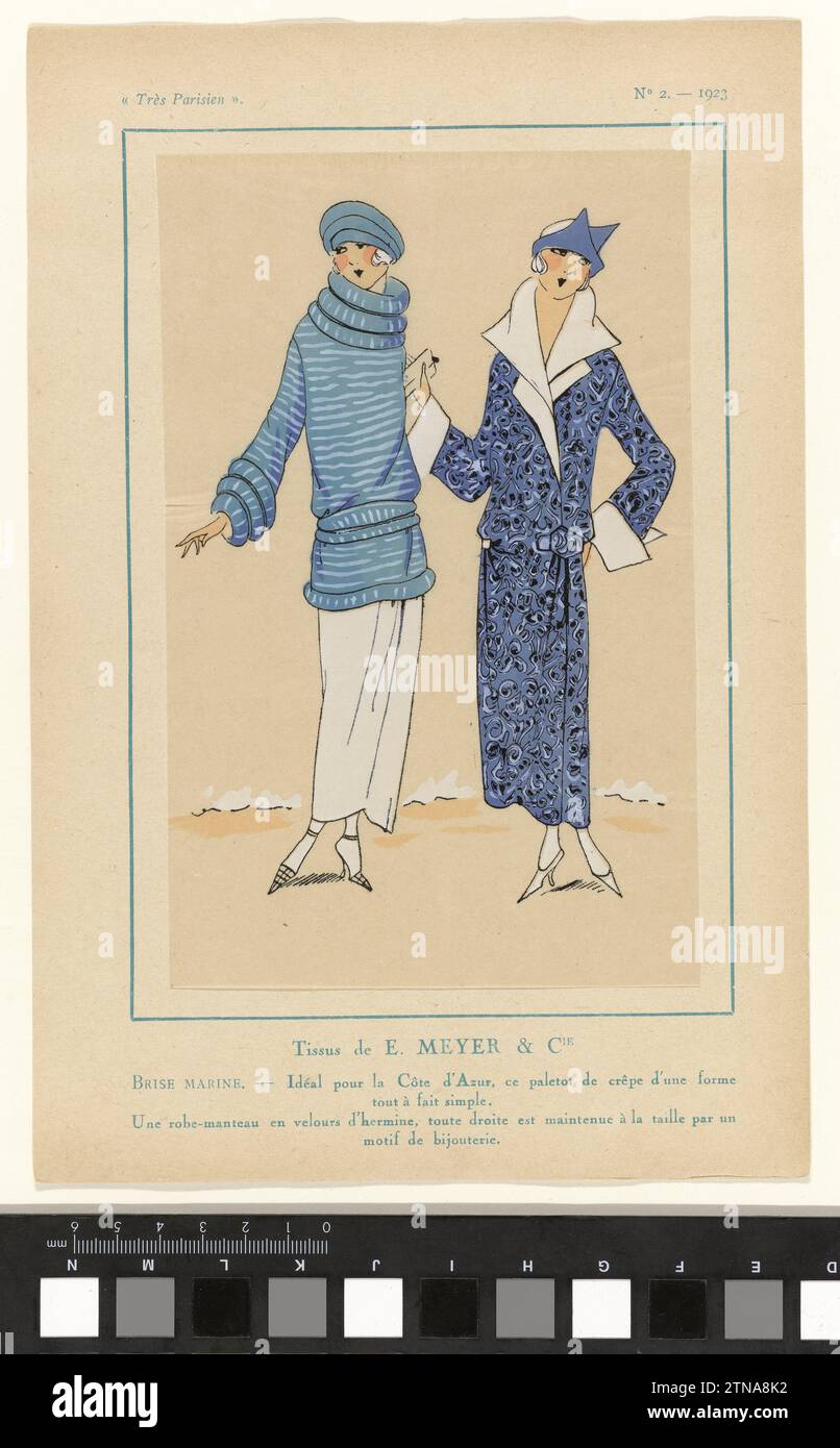 Très parisien, 1923, n°2 : tissus de E. Meyer & Cie, 1923 tissus de E. Meyer & Cie Idéal pour la Côte d'Azur, ce 'Palettot' de Crêpe a une forme simple. Un 'Robe-Manteau' (Robe Jacket Dress) de 'Velor d'Hermine', qui est maintenu ensemble à droite de la taille au moyen d'un 'motif de bijouterie'. Tirage du magazine de mode très parisien (1920-1936). Tissus d'impression typographique papier Paris par E. Meyer & Cie. Idéal pour la Côte d'Azur, ce 'Palettot' de Crêpe a une forme simple. Un 'Robe-Manteau' (Robe Jacket) de 'Velor d'Hermine', qui est maintenu ensemble sur la droite de la taille b Banque D'Images
