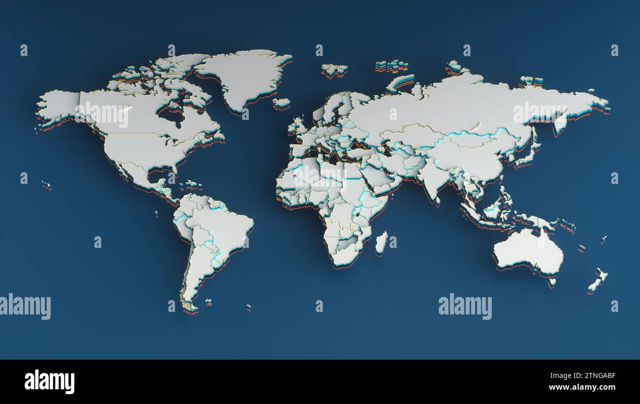 Carte du monde blanc avec pays, frontières dorées et contour orange sur fond bleu. Illustration de rendu 3D. Banque D'Images
