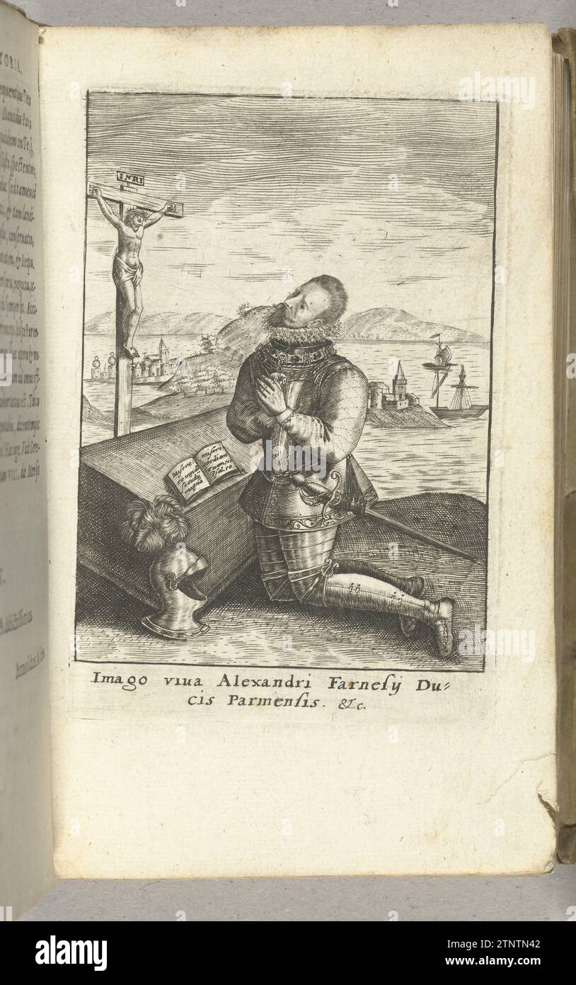 Alexandre Farnèse, duc de Parme, agenouillé priant pour un crucifix, 1592, 1596 - 1598 Alexandre Farnèse, duc de Parme, s'agenouilla sur le sol pour un crucifix sur un cercueil dans un paysage. Un livre ouvert avec des psaumes sur le cercueil. Au sol, casque, autour de son cou, sont la toison dorée. Cologne (peut-être) gravure sur papier Alexandre Farnèse, duc de Parme, s'agenouilla sur le sol pour un crucifix sur un cercueil dans un paysage. Un livre ouvert avec des psaumes sur le cercueil. Au sol, casque, autour de son cou, sont la toison dorée. Cologne (éventuellement) gravure sur papier Banque D'Images