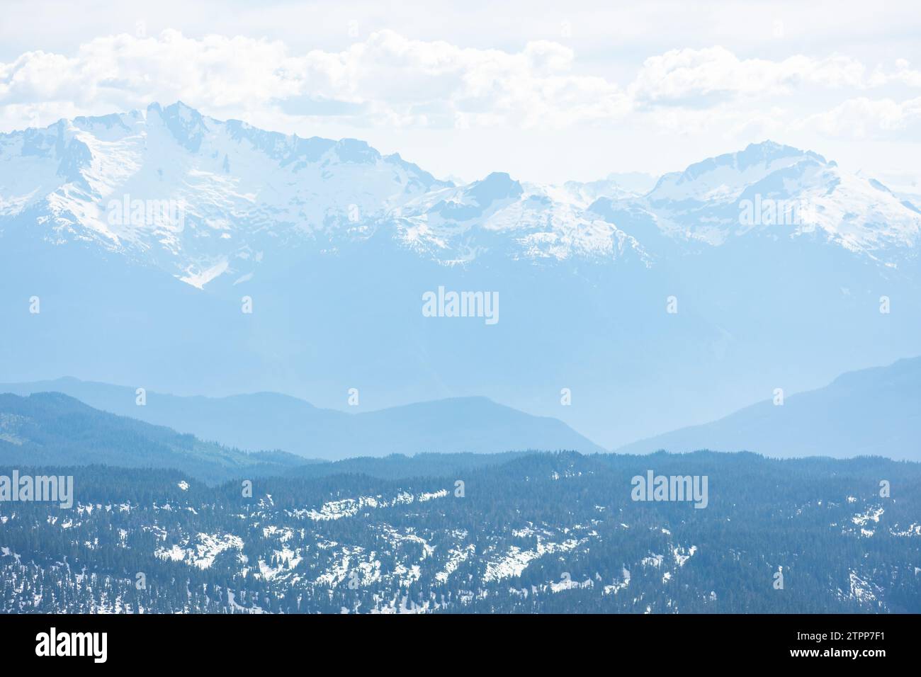 Des couches de montagnes brumeuses se déploient dans l'immensité de la Colombie-Britannique. Banque D'Images