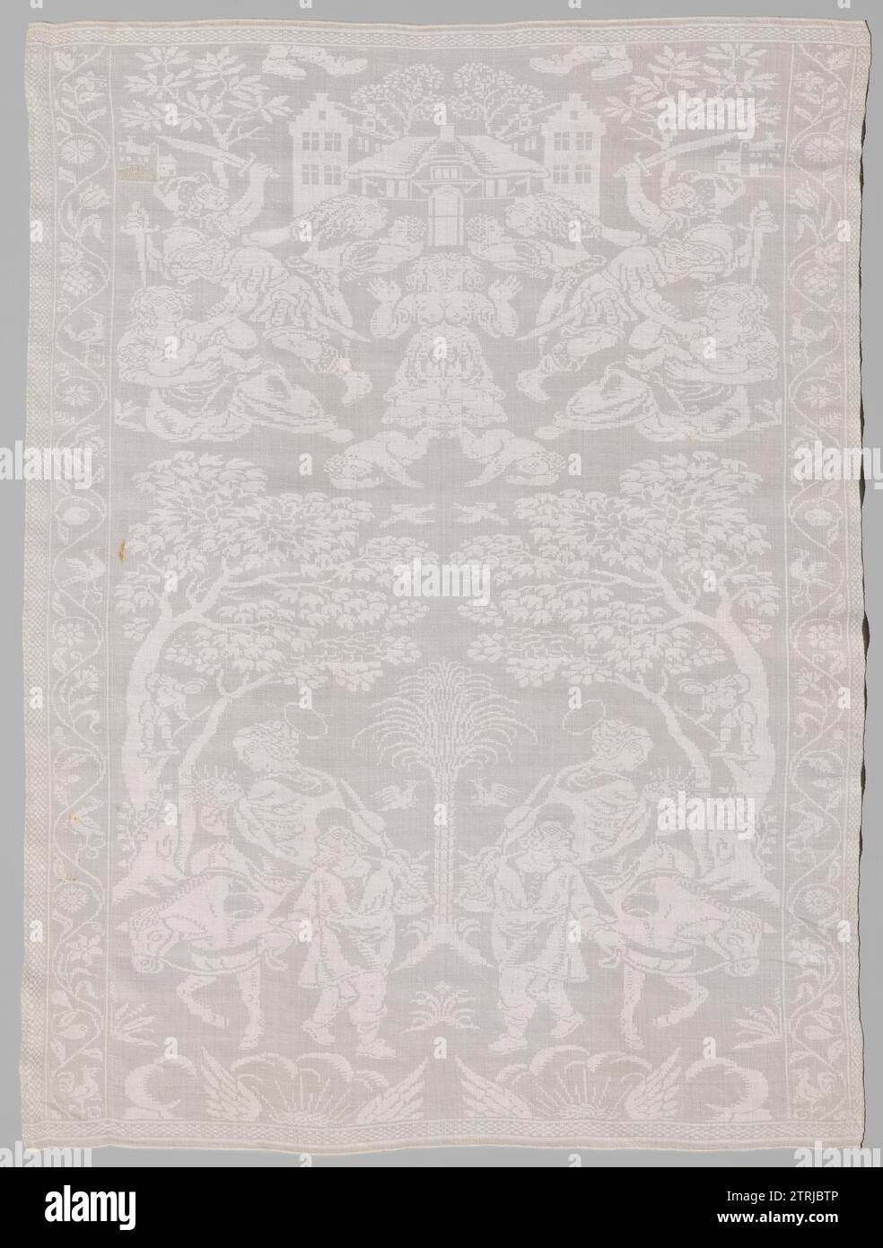 Serviette avec le meurtre de l'enfant à Bethléem et le vol vers l'Egypte, Quirijn Jansz. Damast (possible), c. 1600 - c. 1624 Linnamast serviette avec le meurtre de l'enfant à Bethléem et le vol vers l'Egypte. Milieu de terrain : le motif symétrique montre deux scènes de bas en haut. 1 le vol vers l'Egypte. 2 le meurtre d'enfants à Bethléem. Bords debout : une certaine ligne ondulée entre laquelle les oiseaux, les fleurs et les fruits ; à l'extérieur de cela : bord bloquant. Bord de blocage des bords couchés. Haarlem lin (matériel) Damask Linnamast serviette avec le meurtre de l'enfant à Bethléem et le vol vers l'Egypte. Milieu de champ : le motif symétrique sho Banque D'Images