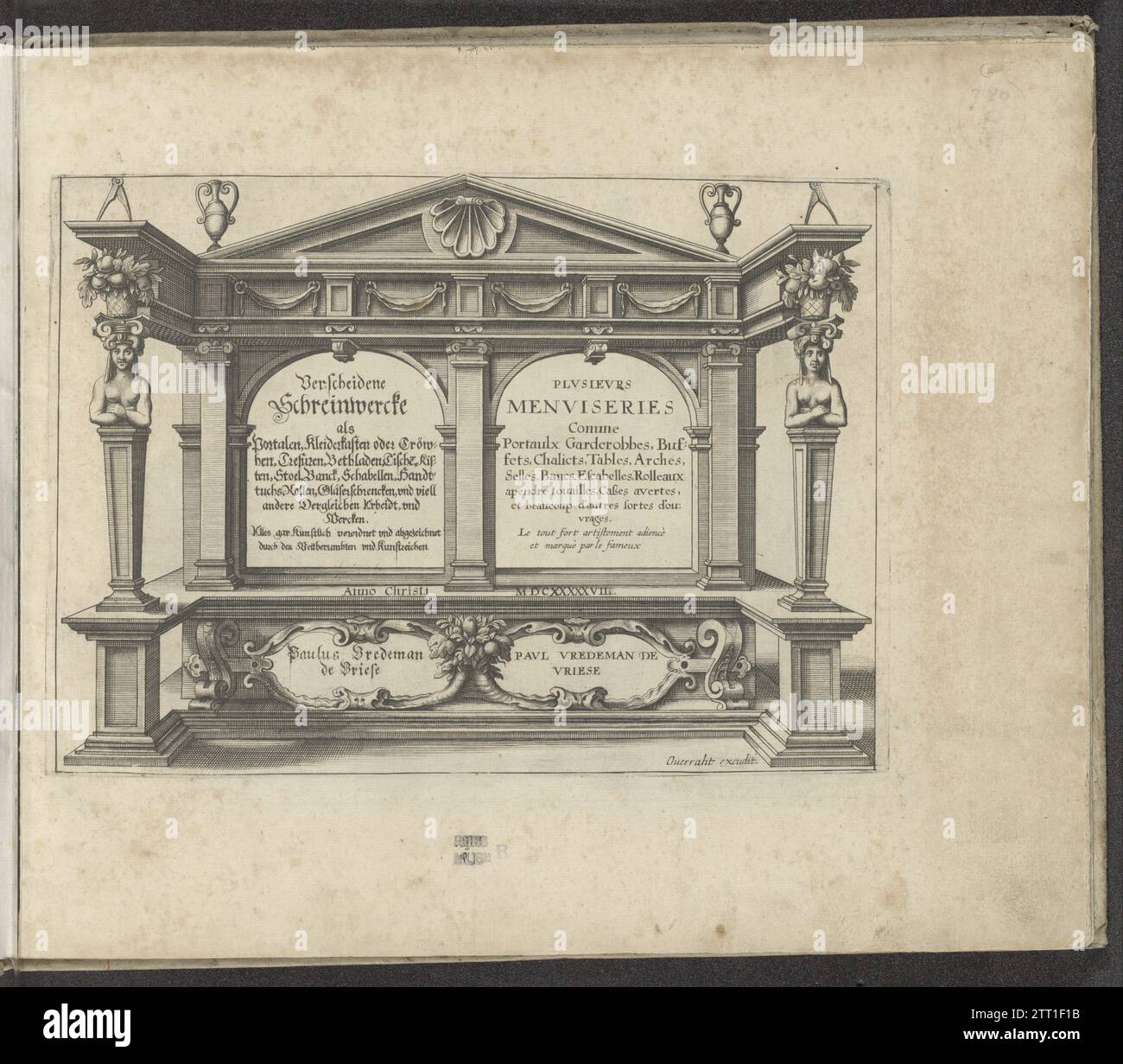 Panneau double paroi avec titre de série, 1658 panneau double paroi avec titre de série en deux langues : plusieurs Menuiseries Schreinwercke / plusieurs. Gauche et droite un terme. Le piédestal avec deux cartouches avec un cadre en style lobe et une corne stylisée d'abondance. Le fronton dans le cadre principal avec un motif de coquille. L'impression fait partie d'un album. Cologne (éventuellement) gravure sur papier panneau double paroi avec le titre de la série en deux langues : plusieurs Schreinercke / plusieurs Menuiseries. Gauche et droite un terme. Le piédestal avec deux cartouches avec un cadre en style lobe et une corne stylisée d'abondanc Banque D'Images