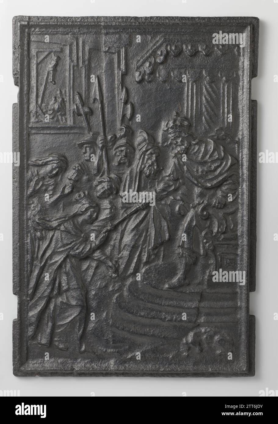 Plaque de poêle avec Esther pour le roi Ahasveros, Anonyme, c. 1650 - c. 1700 plaque de poêle en fer du château avec une représentation d'Esther, qui se plie pour le roi Ahasveros, qui lève une partie de son trône et se distingue de son sceptre. Il y a des femmes de service et des soldats derrière Esther. Mordecai est juste à côté du trône. Haman peut être vu dans un aperçu arrière, accroché à la potence. Allemagne fer (métal) coulant Château -plaque de poêle en fer avec une représentation d'Esther, qui se plie pour le roi Ahasveros, qui lève une partie de son trône et se distingue de son sceptre. Il y a des femmes militaires et des soldats Banque D'Images