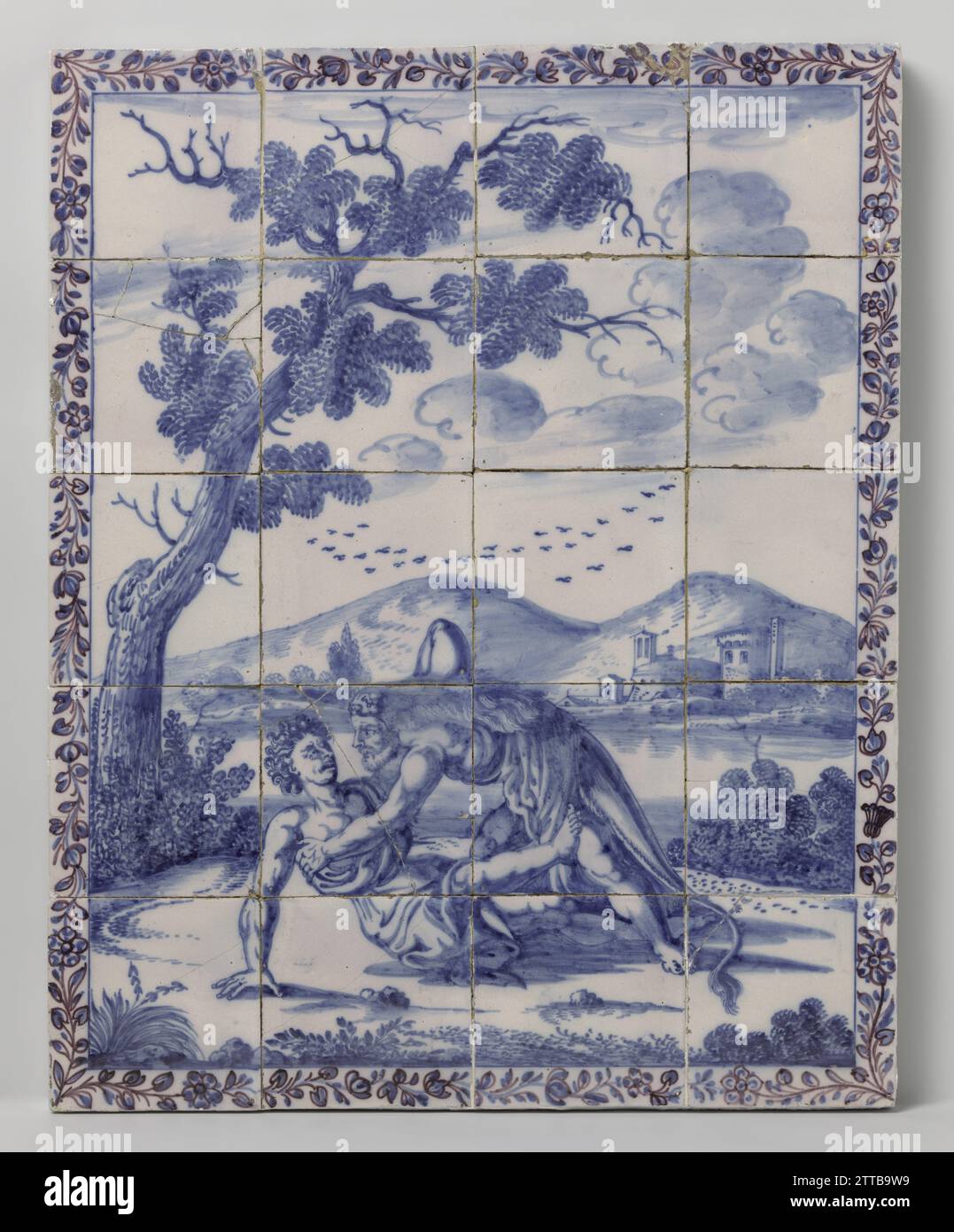 Tableau carrelé avec un paysage en bleu avec représentation mythologique : Hercule et Achelous, Anonyme, c. 1720 - c. 1760 Tableau carrelé de vingt tuiles (5 x 4) avec un paysage bleu avec représentation mythologique : Hercule et Achelous. A gauche un arbre et en arrière-plan une rivière et des bâtiments le long de la rive. Le cadre se compose d'une boisson florale. Amsterdam (peut-être) faïence. glaçure d'étain. Oxyde d'uranium majolica Tableau de vingt tuiles (5 x 4) avec un paysage bleu avec représentation mythologique : Hercule et Achelous. Sur la gauche un arbre et en arrière-plan une rivière et buildi Banque D'Images