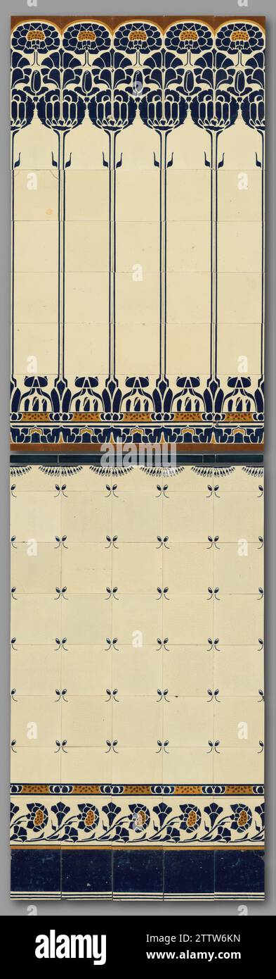 Tableau carrelé avec motif de fleurs stylisées, Joost Thooft & Labouchère, c. 1900 Tableau carrelé, composé de quatre-vingts tuiles entières et de dix demi-tuiles, décoré d'un motif de fleurs stylisées en bleu, jaune et brun. Entre les deux parties principales du tableau une liste de cinq tuiles bleues et demie étroites. Tableau Delft en faïence Tile, composé de quatre-vingts carreaux entiers et dix demi, décoré d'un motif de fleurs stylisées en bleu, jaune et brun. Entre les deux parties principales du tableau une liste de cinq tuiles bleues et demie étroites. Faïence Delft Banque D'Images