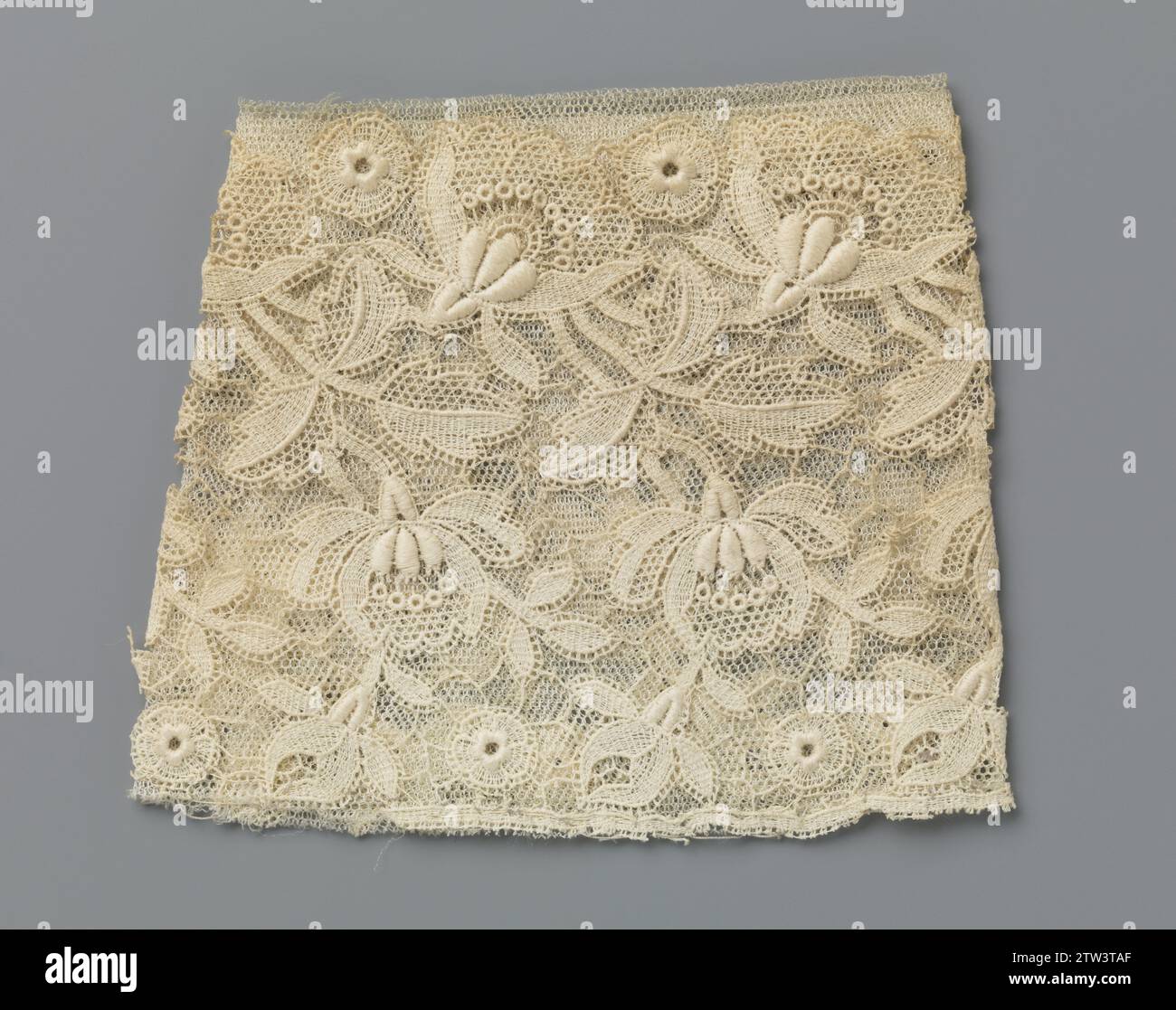 Machinale côté application avec fleurs en forme d'éventail et feuilles en trois parties, anonyme, c. 1900 - c. 1924 Cuff en couleur naturelle côté machine : Etskant appliqué sur tulle mécanique. Le côté gravure imite le côté Duchesse. Modèle conique. Motif avec des fleurs en forme d'éventail entre lesquelles de plus petites fleurs de rosette et des feuilles en trois parties sur des tiges courtes. Rayon de Calais. Coton (textile) Cuff en couleur naturelle côté machine : Etskant appliqué sur tulle mécanique. Le côté gravure imite le côté Duchesse. Modèle conique. Motif avec des fleurs en forme d'éventail entre lesquelles de plus petites fleurs de rosette Banque D'Images
