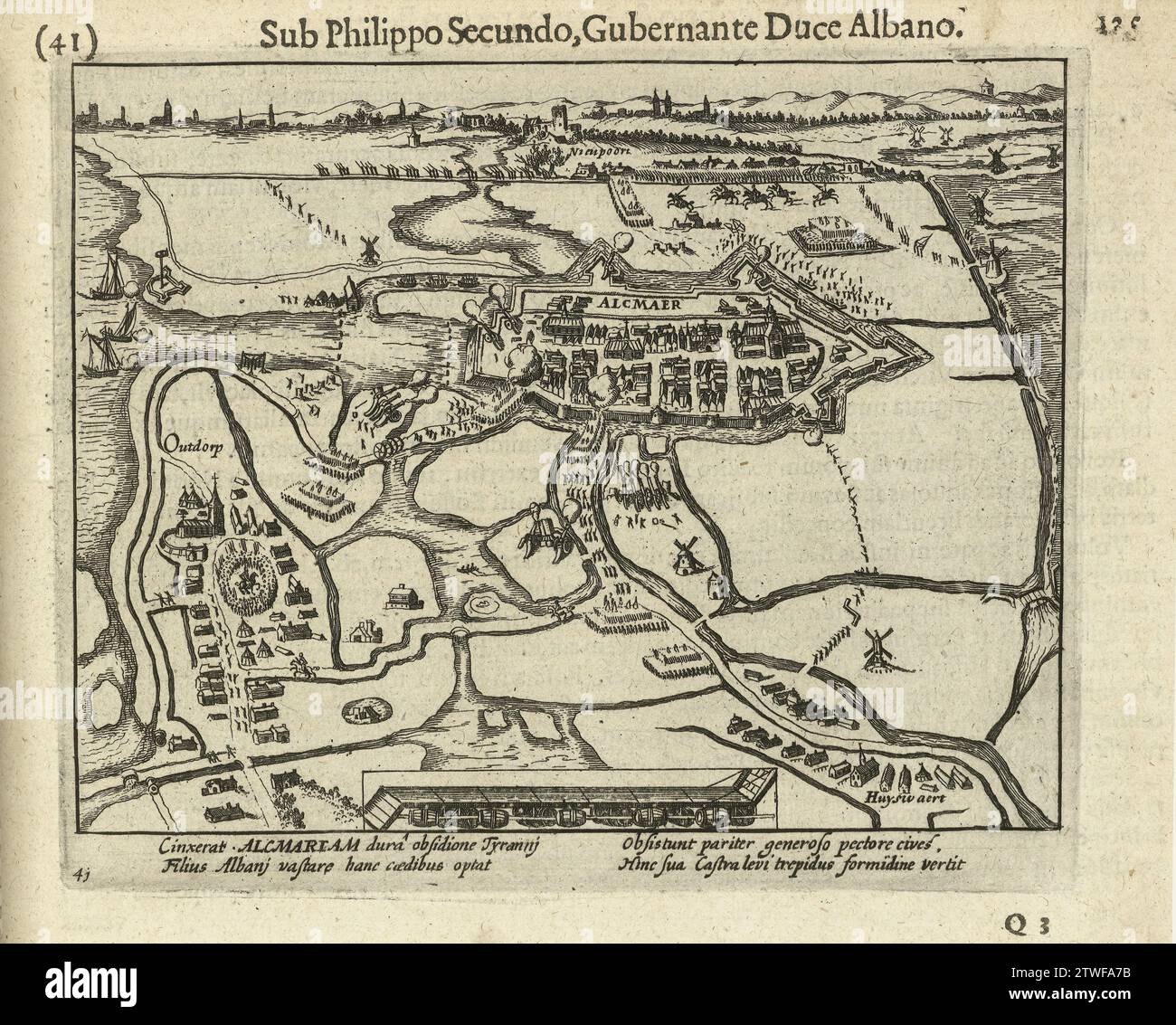 Siège Van Alkmaar, 1573, 1621 - 1622 Plan du siège d'Alkmaar, août et septembre 1573. Vue sur la ville et les environs. Au premier plan la place de l'armée à Oudorp des troupes assiégeantes sous le commandement de Don Frederik, à droite le Schermer. Avec légende de 4 lignes en latin. Numéroté : 41. Imprimé au dos avec texte en latin. Imprimeur : Northern Netherlandspublisher : Amsterdam papier gravure Alkmaar. Oudorp Plan du siège d'Alkmaar, août et septembre 1573. Vue sur la ville et les environs. Au premier plan, la place de l'armée à Oudorp du siège t Banque D'Images