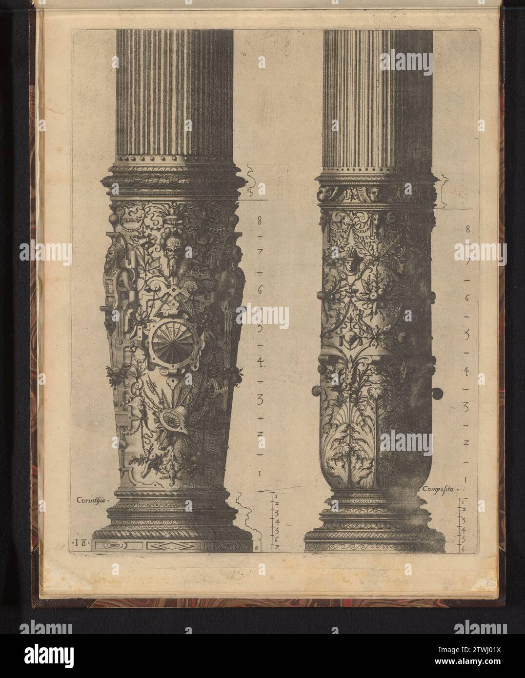 Twee 'colonnes ont été portées' dans le Korinthische en composiete Orde, 1565 Two 'Columnae Caelatae'. Sur la moitié inférieure de la colonne corinthienne gauche, une rosette dans un cadre de pâte, flanquée de deux Hermen, piégés dans le roulement. À droite, la moitié inférieure d'une colonne composite, au bas des feuilles d'acanthe et au-dessus de celle-ci guirlandes et mascarons. Une échelle a été indiquée quatre fois sur l'impression. L'impression fait partie d'un album. Papier d'Anvers gravure de deux 'Columnae Caelatae'. Sur la moitié inférieure de la colonne corinthienne gauche, une rosette dans un cadre de pâte, flanquée de deux Hermen, pris au piège dans le rouleau Banque D'Images