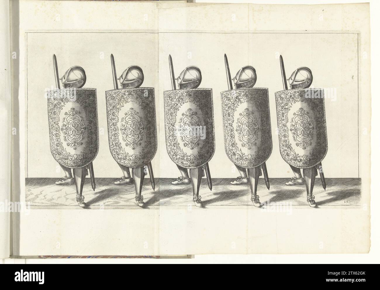 L'exercice avec la Targe et le Rapier : cinq soldats debout côte à côte dans la ligne avec la Targe et le Rapier pour la poitrine et le pied gauche en avant, (n° 15), 1618, 1616 - 1618 l'exercice avec la Targe et le Rapier: cinq soldats debout l'un à côté de l'autre dans la ligne avec la Targe et le Rapier pour la poitrine et le pied gauche en avant, 1618. Grand tirage de deux feuilles collées ensemble. Une partie des illustrations dans : Adam van Breen, le Nassausche Wapenegende : Short Educatione sur le Figuerlijcke Afbelvengeling l'intéressant 'funghruyck van al' Tghene est un besoin Soldaet dans les actions du Banque D'Images
