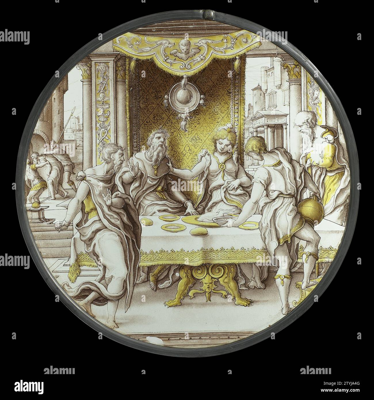 Saint Jean-Baptiste avant Hérode, anonyme, c. 1540 vitrail rond avec la présentation de Johannes le Baptiste à Hérode. Derrière une table de set se trouvent Hérode et Hérodias sous un auvent, derrière lequel pend un tapis. Un miroir pend devant le tapis. Les pilastres sont décorés de trophées de guerre dans le style Renaissance riche. Johannes est sur la gauche devant la table. Sa position de mi-à-Hérode trouve son contre-mouvement dans la posture de la servante à droite, qui tend un plat d'une main et tient une cruche dans l'autre main qui repose sur sa cuisse. Le vieil homme Techts wa Banque D'Images Saint Jean-Baptiste avant Hérode, anonyme, c. 1540 vitrail rond avec la présentation de Johannes le Baptiste à Hérode. Derrière une table de set se trouvent Hérode et Hérodias sous un auvent, derrière lequel pend un tapis. Un miroir pend devant le tapis. Les pilastres sont décorés de trophées de guerre dans le style Renaissance riche. Johannes est sur la gauche devant la table. Sa position de mi-à-Hérode trouve son contre-mouvement dans la posture de la servante à droite, qui tend un plat d'une main et tient une cruche dans l'autre main qui repose sur sa cuisse. Le vieil homme Techts wa Banque D'Images