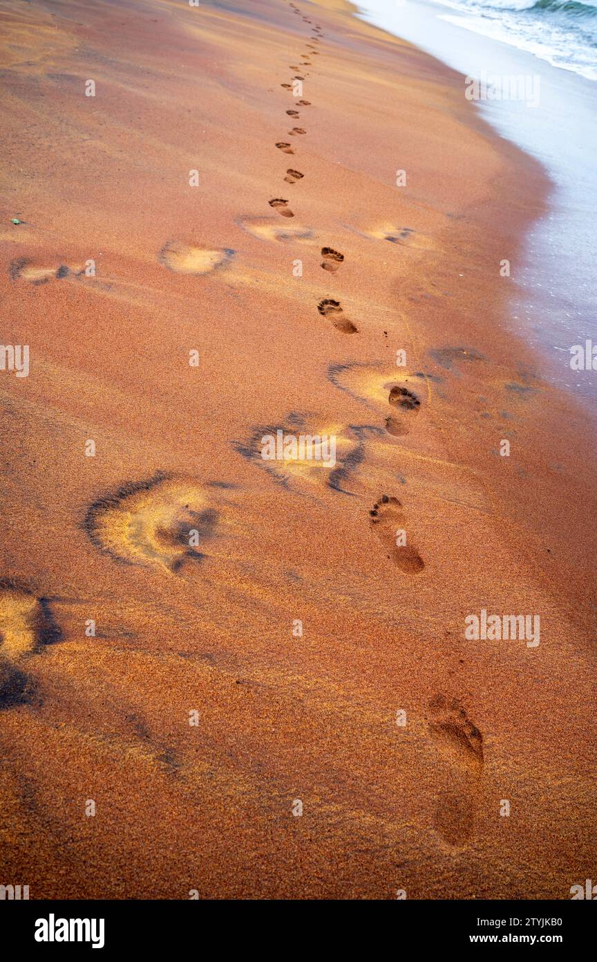Empreinte en sable de couleur orange de la plage. Waskaduwa, Sri Lanka Banque D'Images