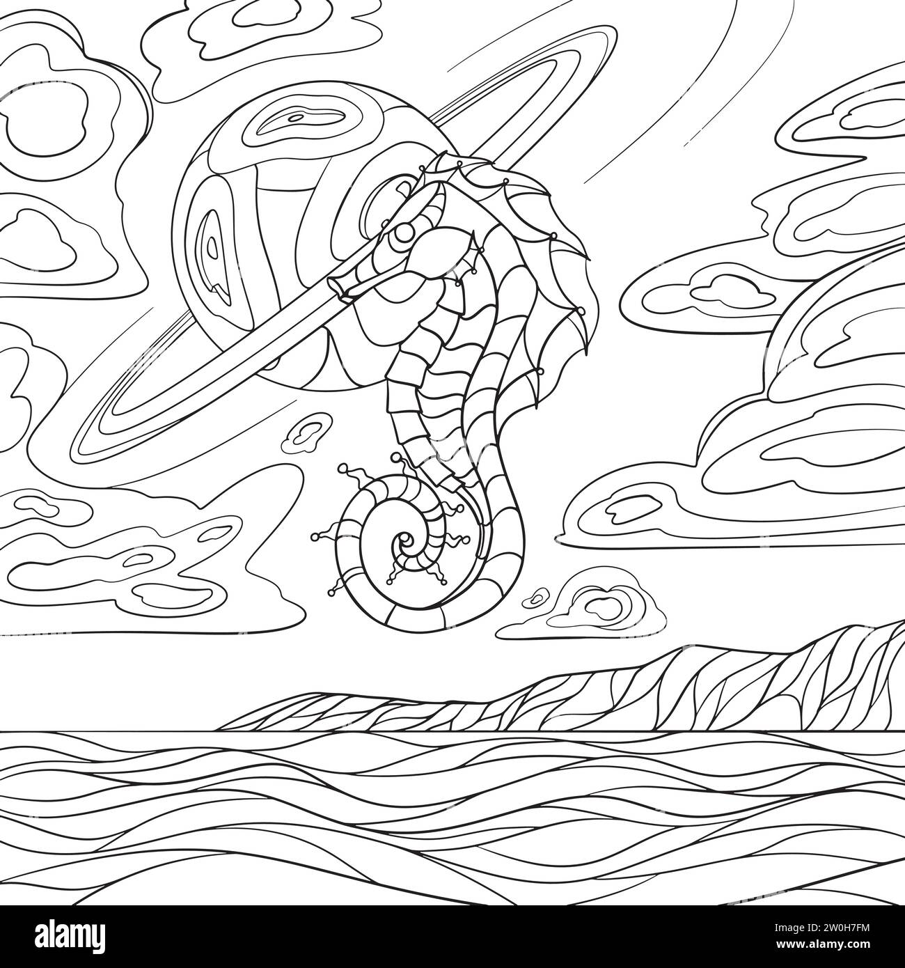 Seahorse dans la conception d'art de ligne de ciel. Illustration de Vecteur