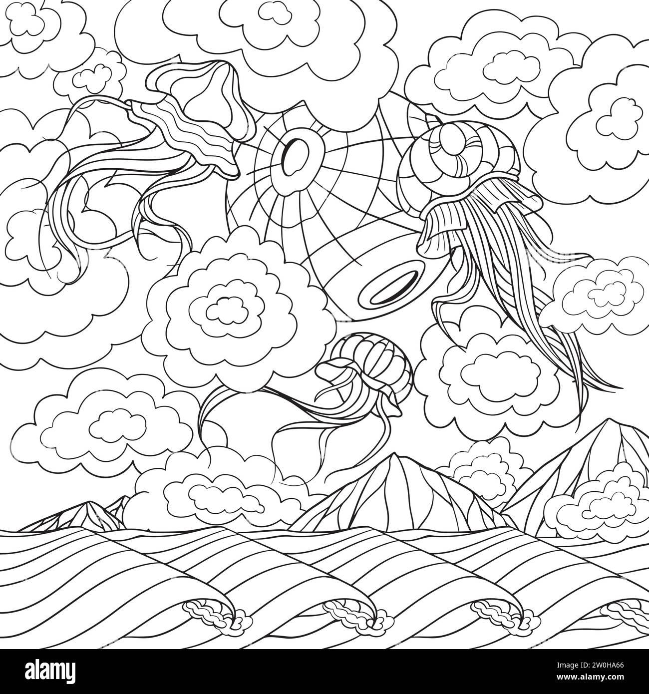 Méduse dans la conception d'art de ligne de ciel. Illustration de Vecteur