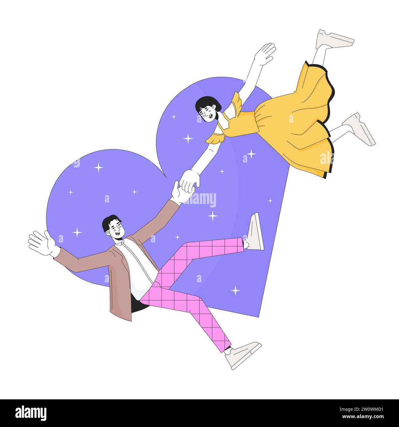 Couple asiatique aime à première vue concept d'illustration linéaire 2D. Illustration de Vecteur
