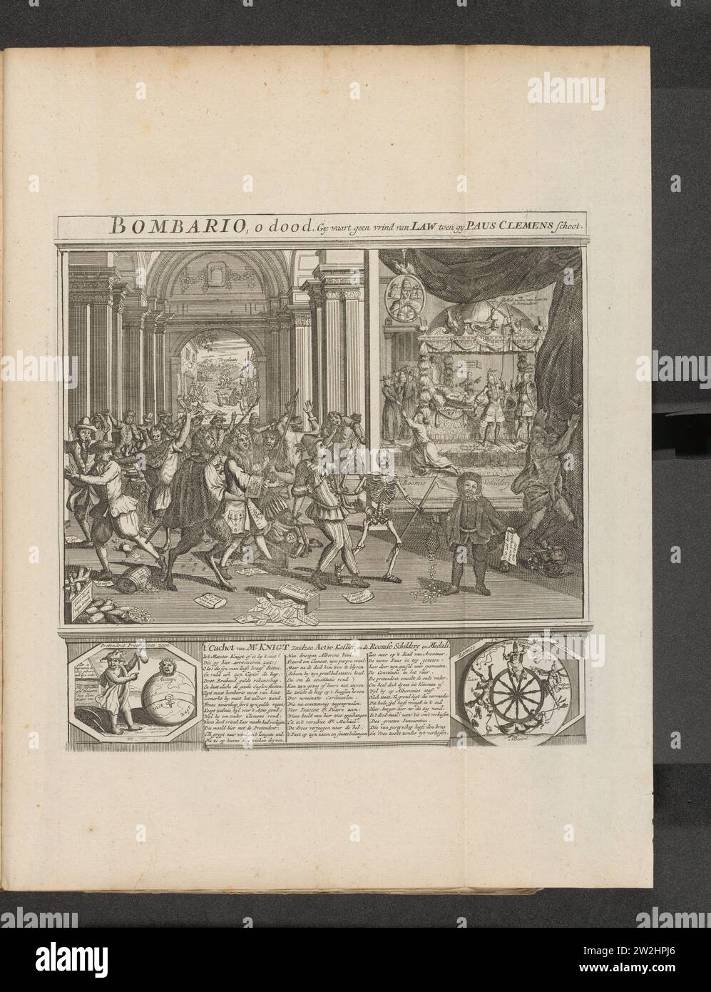 Bombario par la mort emmené, 1720, 1721 dans un palais, le Harlekijn Bombario est conduit par la mort, d'autres commerçants sont pris par les Diables. A droite un Schildere romain avec le lit de mort du pape Clemens XI (1721). En bas à gauche un fou avec un globe sur lequel la compagnie du Mississippi, à droite la roue de la fortune avec le nouveau pape Innocentus XIII, Jean Law, le cardinal Alberoni et le prétendant. Dans la légende un verset en trois colonnes. Imprimer dans la quatrième édition reliée (304 B 12) de la grande scène de la folie avec des dessins animés sur le commerce éolien ou le commerce d'action de 1720. Nord des pays-Bas pa Banque D'Images