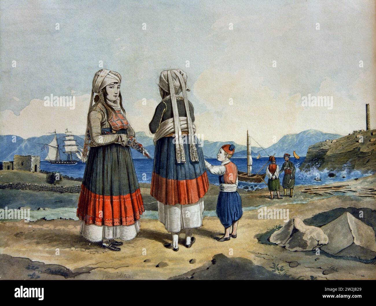 Krazeisen Karl (1794 - 1878) Egine, Paysage avec des femmes paysannes et site de 'Kolona' , peinture 19RBR-20e siècle, Galerie nationale, Athènes, Grèce. Banque D'Images