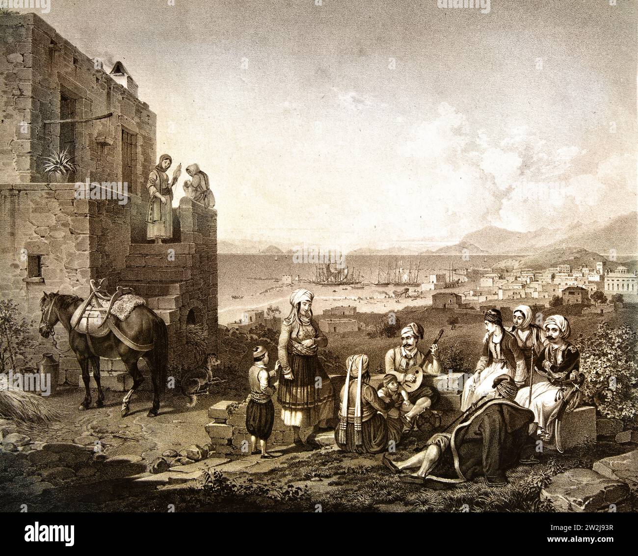 Egine, Paysage avec des paysans jouant de la musique 1828 Litigraphe, peinture 19RBR-20e siècle, Galerie nationale, Athènes, Grèce. Banque D'Images