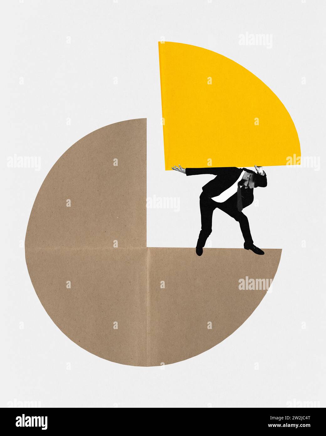 Collage d'art contemporain. Jeune homme habillé en costume de bureau se tient sur le diagramme et insérer un énorme morceau de celui-ci. Niveau de revenu. Banque D'Images