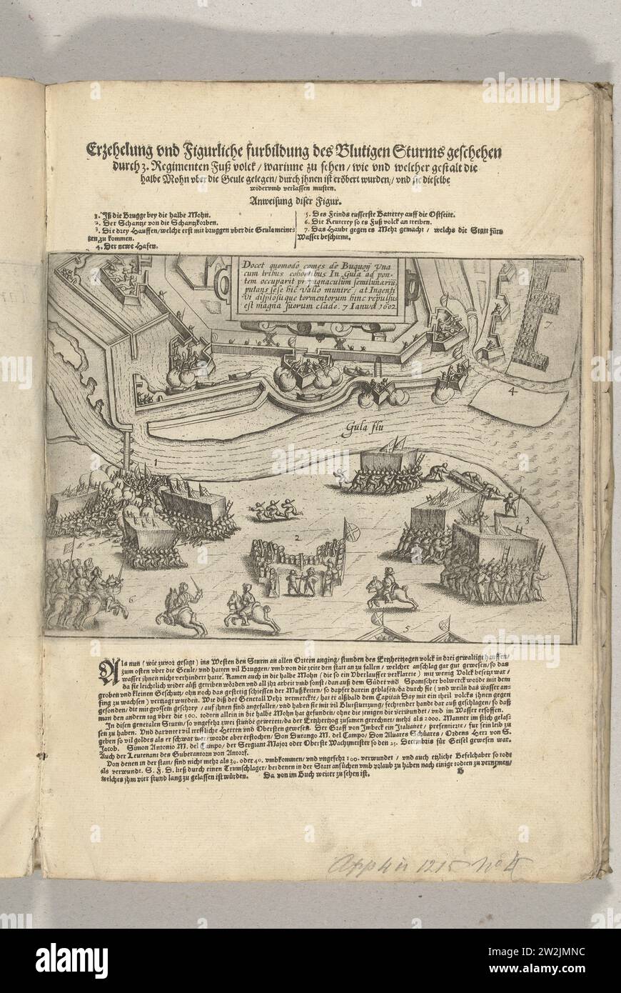 Siège d'Ostende : prise d'assaut par Bucquoy le 7 janvier 1602, 1602 - 1604 prise des défenses d'Ostende par les troupes espagnoles sous le comte de Bucquoy le 7 janvier 1602. Batailles en bas à gauche au Lunet de l'autre côté de la Geule, au milieu d'un cartouche avec inscription en latin. Au-dessus de l'impression le titre avec explication des chiffres, en bas une description des événements, en allemand. Partie des illustrations d'un journal du siège d'Ostende 1601-1604. Gravure sur papier des pays bas / impression typographique Ostende prise des défenses d'Ostende par l'Span Banque D'Images