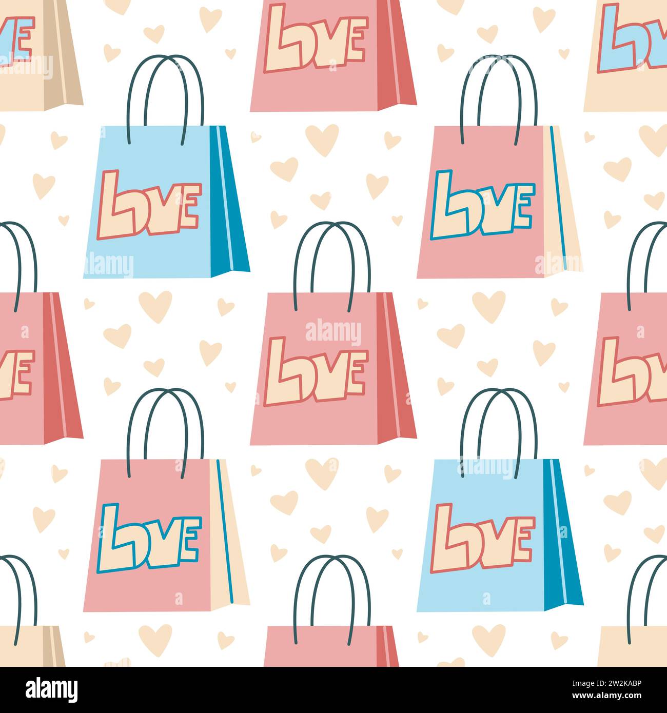 Sacs artisanaux avec inscription Love motif sans couture. Fond mignon pour Saint Valentin. Imprimé romantique avec sacs à provisions en papier. Illustration vectorielle Illustration de Vecteur
