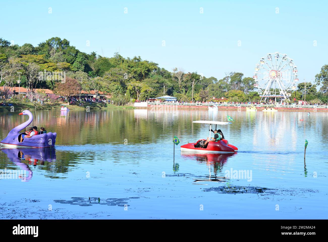 Pédalo sur le lac avec grande roue en arrière-plan, vue panoramique. Fête touristique. Banque D'Images