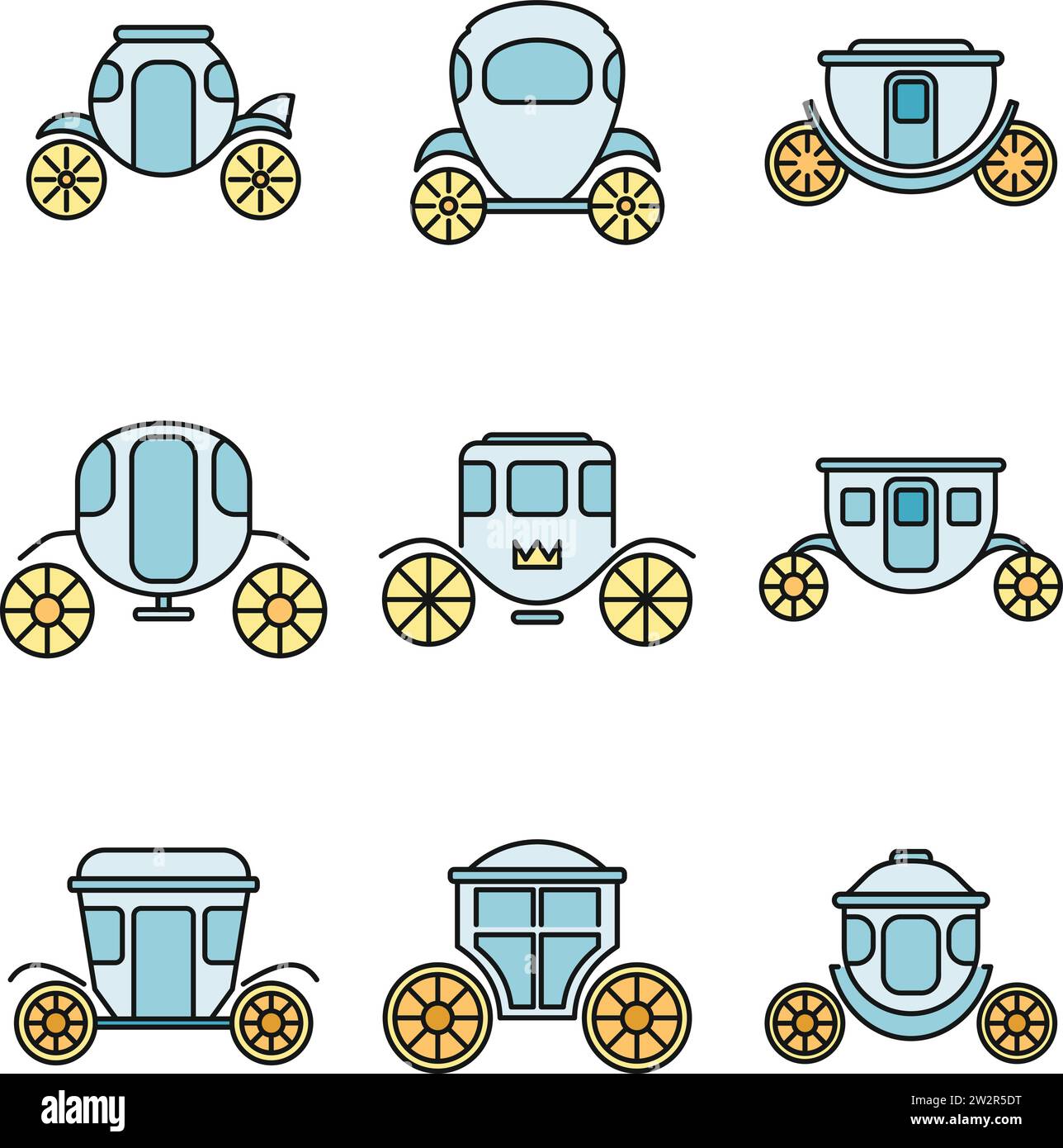 Jeu d'icônes de chariot Brougham. Contour ensemble d'icônes vectorielles de chariot de brougham couleur de ligne mince à plat sur blanc Illustration de Vecteur