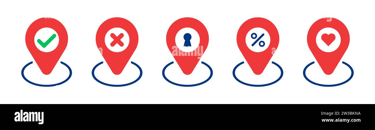 Illustration d'un ensemble de repères gps. Annuler, rejeter, géolocalisation, verrouiller, mot de passe, Emoji charge la vérification du taux icônes vectorielles Illustration de Vecteur