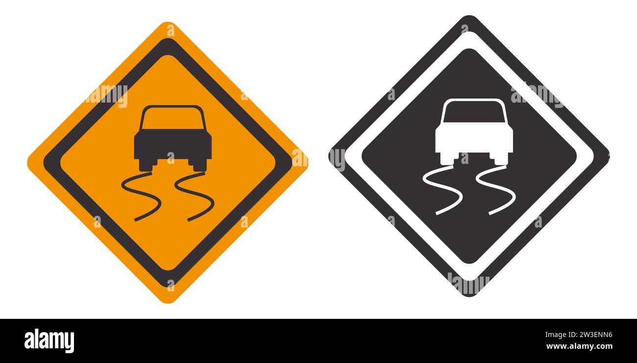 Ensemble d'illustration de route glissante. Danger, avertissement, règles de circulation, voiture, glace, icônes vectorielles d'accident de route froide et glissante Illustration de Vecteur