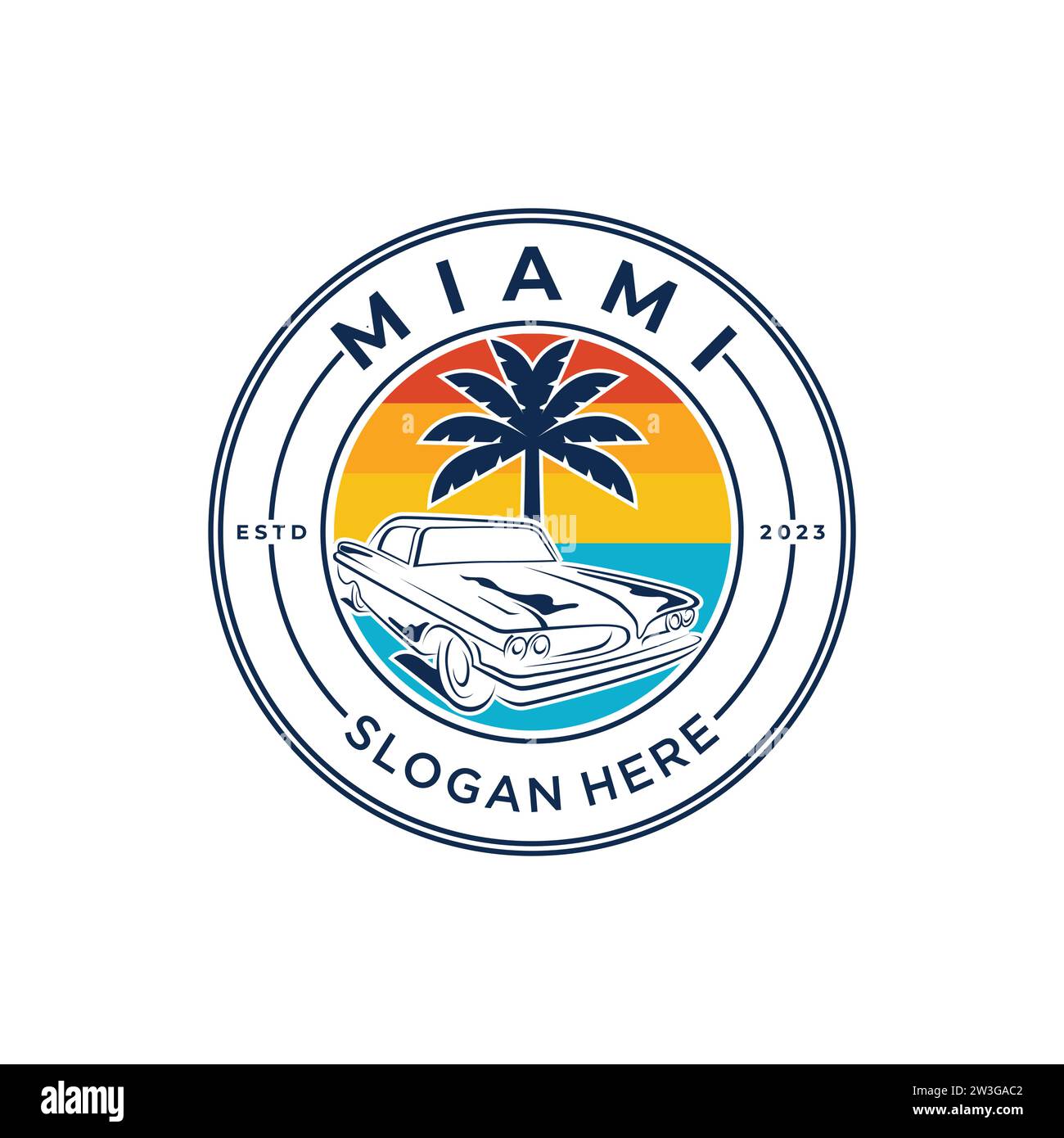 Location de voiture rétro de Miami Florida City ou conception de modèle d'emblème de festival de voiture ancienne. Illustration vectorielle Illustration de Vecteur