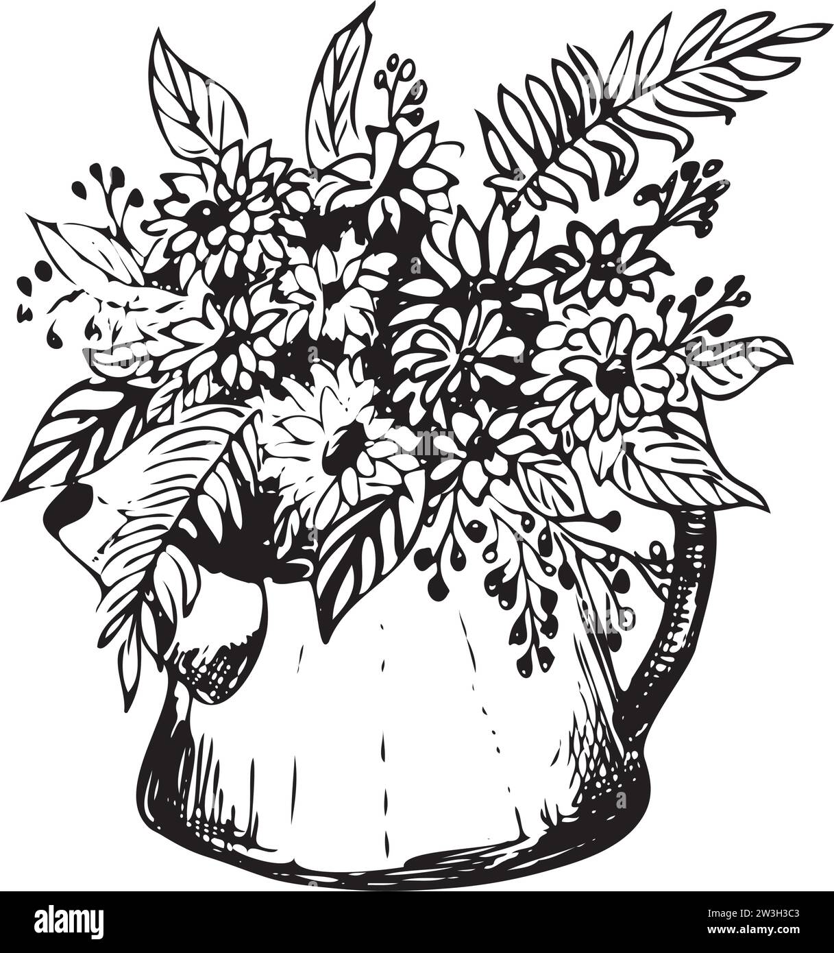 Illustration à l'encre dessinée à la main. Pot de jardin avec des fleurs. Illustration vectorielle Illustration de Vecteur