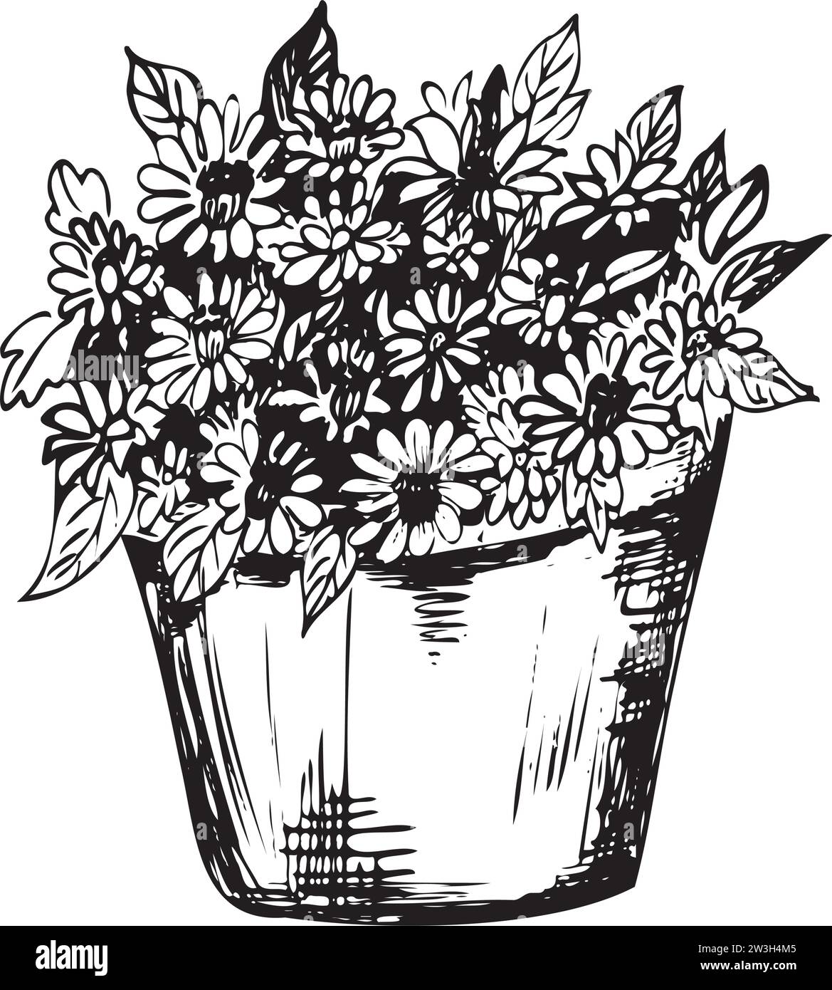 Illustration à l'encre dessinée à la main. Pot de jardin avec des fleurs. Illustration vectorielle Illustration de Vecteur