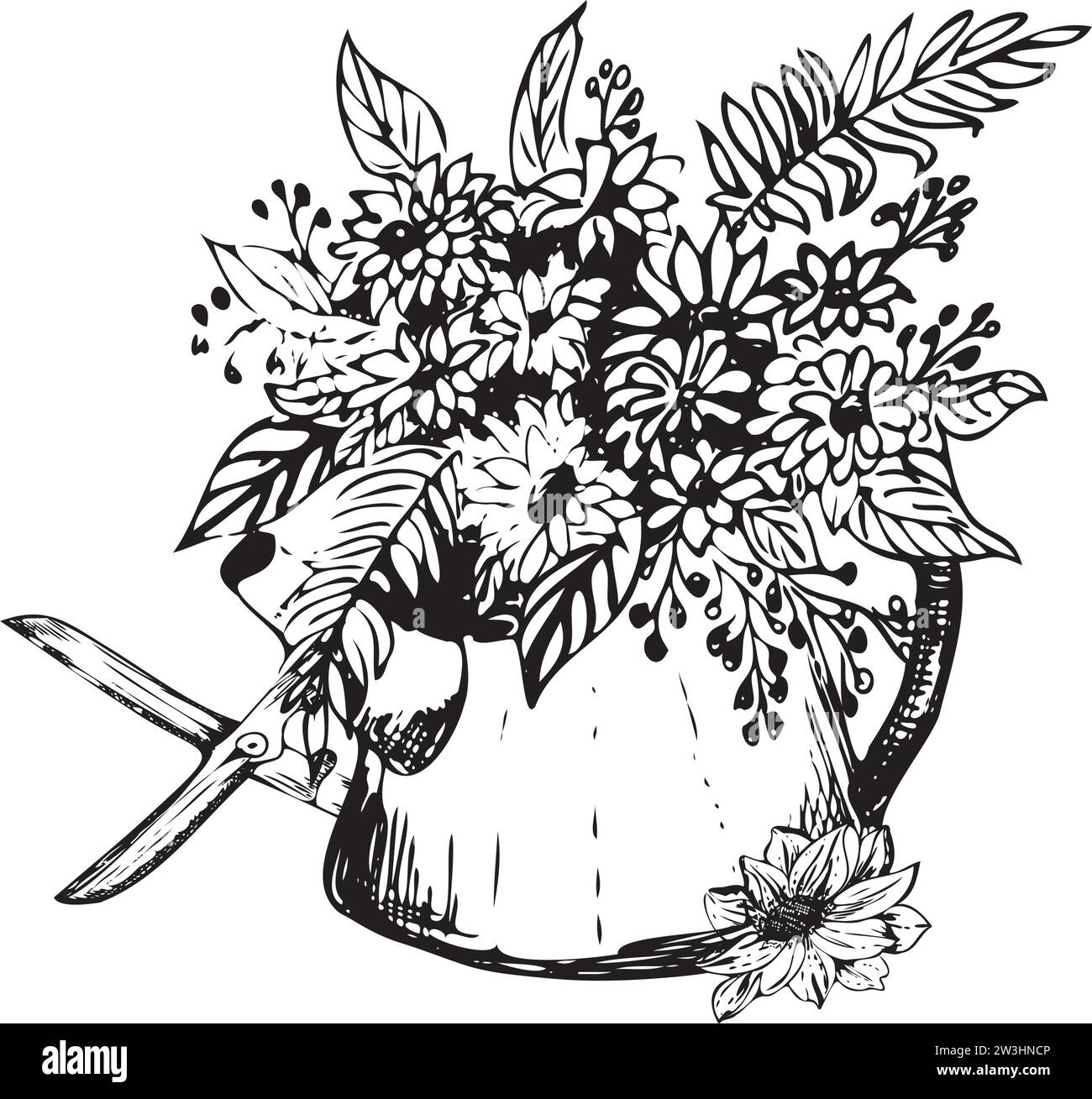 Illustration à l'encre dessinée à la main. Pot de fleurs avec ciseaux de jardin. Illustration vectorielle Illustration de Vecteur
