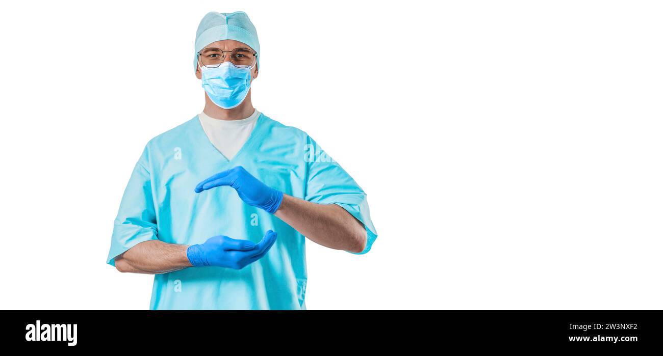 Portrait d'un médecin symbolisant la protection et le soutien. Concept de médecine. Supports mixtes Banque D'Images