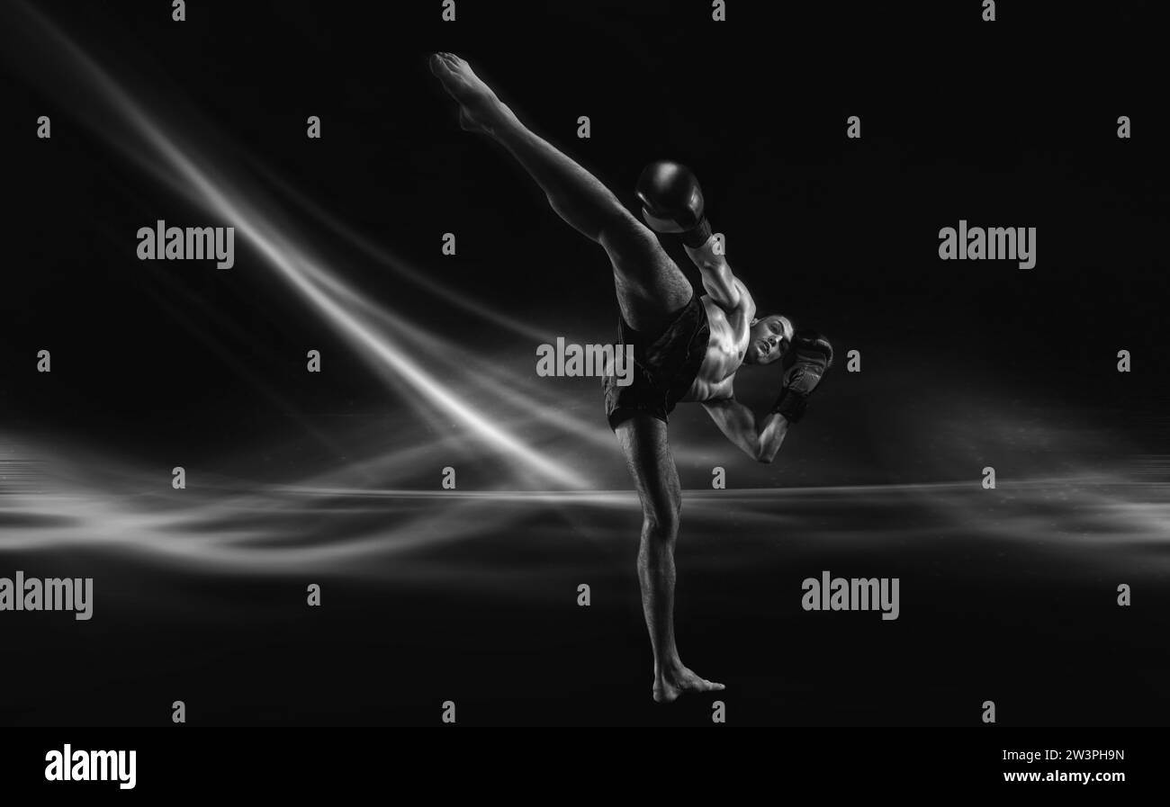 Image en noir et blanc d'un combattant mma. Concept de kickboxing. Haute qualité Banque D'Images
