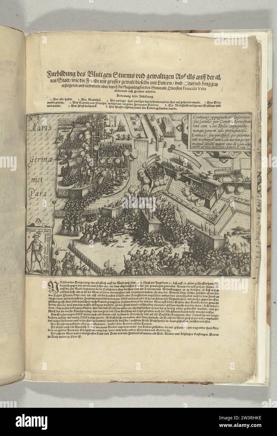 Siège d'Ostende : prise de la forteresse le 7 janvier 1602, 1602 - 1604 prise lourde des défenses d'Ostende par les troupes espagnoles sous Albrecht, le 7 janvier 1602. En bas à gauche un pari avec une photo d'une femme soldat espagnole impliquée dans les combats, un cartouche avec une inscription en latin. Au-dessus de l'impression le titre avec explication des chiffres, en bas une description des événements, en allemand. Partie des illustrations d'un journal du siège d'Ostende 1601-1604. Low Countries paper gravure / typographie impression Ostende prise lourde des défenses d'Ostende par le Banque D'Images