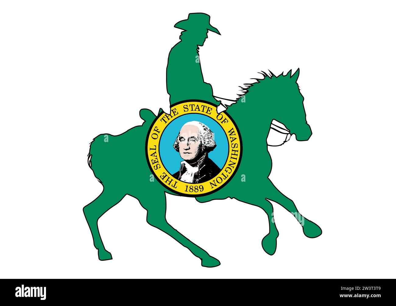 Silhouette d'un cow-boy de l'État de Washington sur un cheval avec drapeau de l'État encastré Banque D'Images
