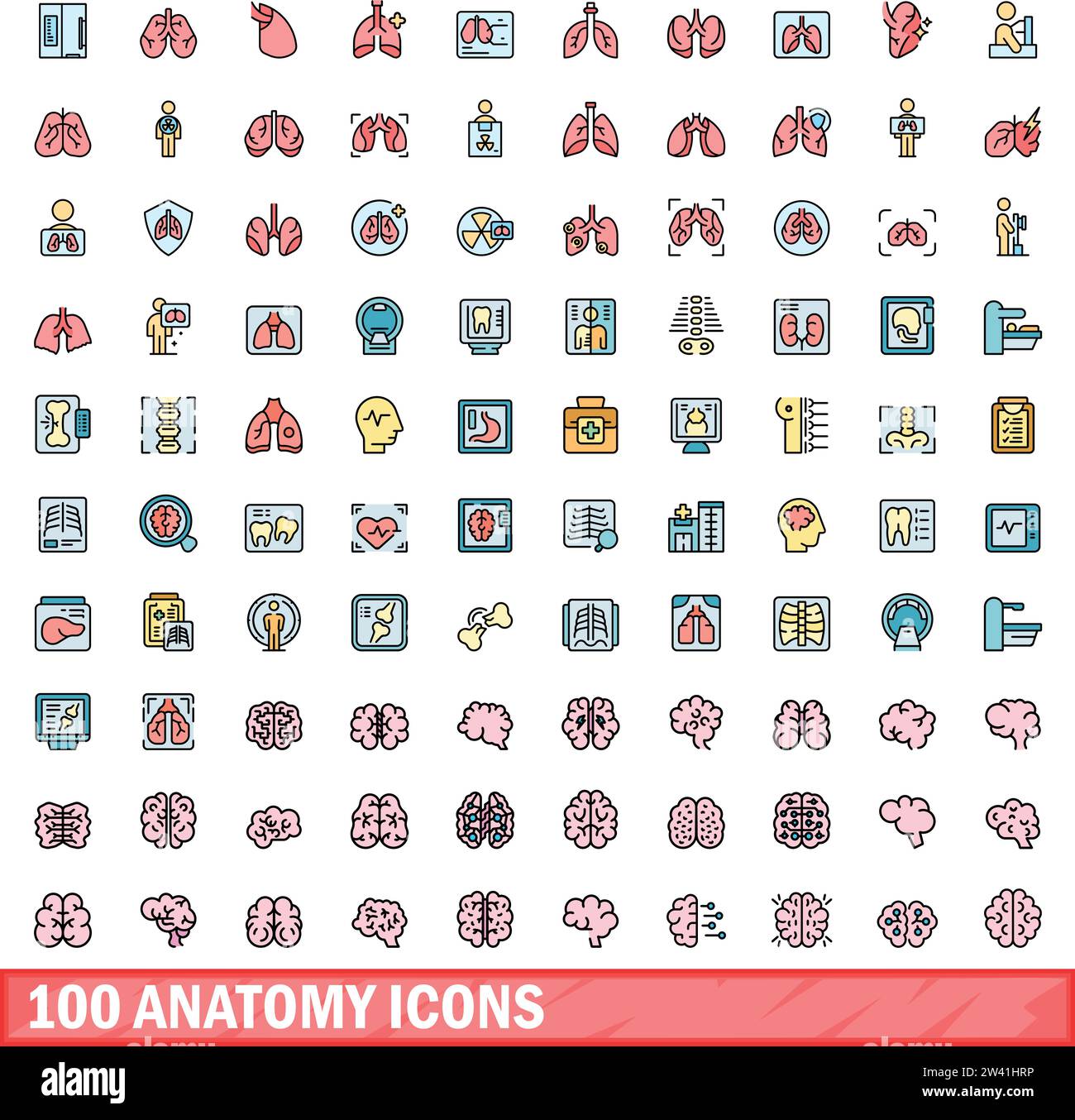 jeu de 100 icônes anatomiques. Ligne de couleur jeu d'icônes vectorielles anatomiques ligne fine couleur plate sur blanc Illustration de Vecteur