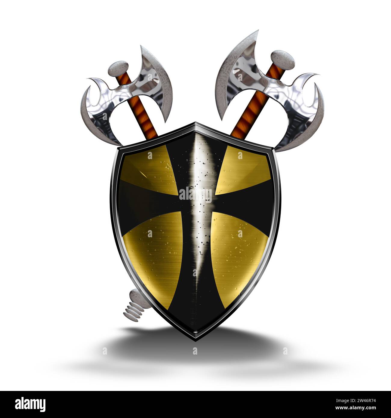 Bouclier de chevalier avec deux haches de combat Banque D'Images